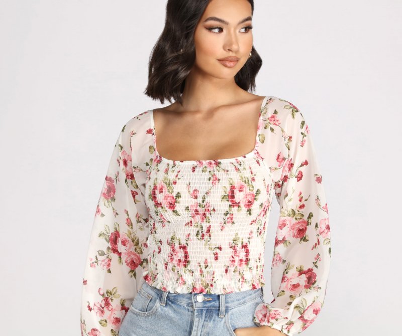 TableClothsUs Off The Shoulder Floral Smocked Top