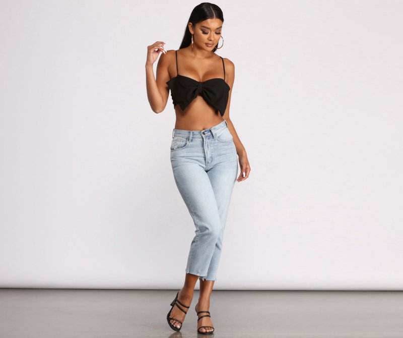 TableClothsUs Crepe Knit Spaghetti Strap Bow Crop Top