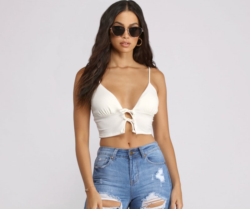 TableClothsUs Double Row Tie Front Ribbed Crop Top