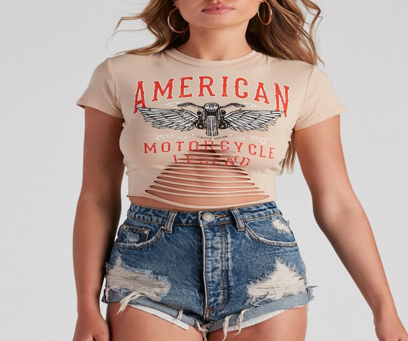 TableClothsUs American Moto Slashed Crop Top