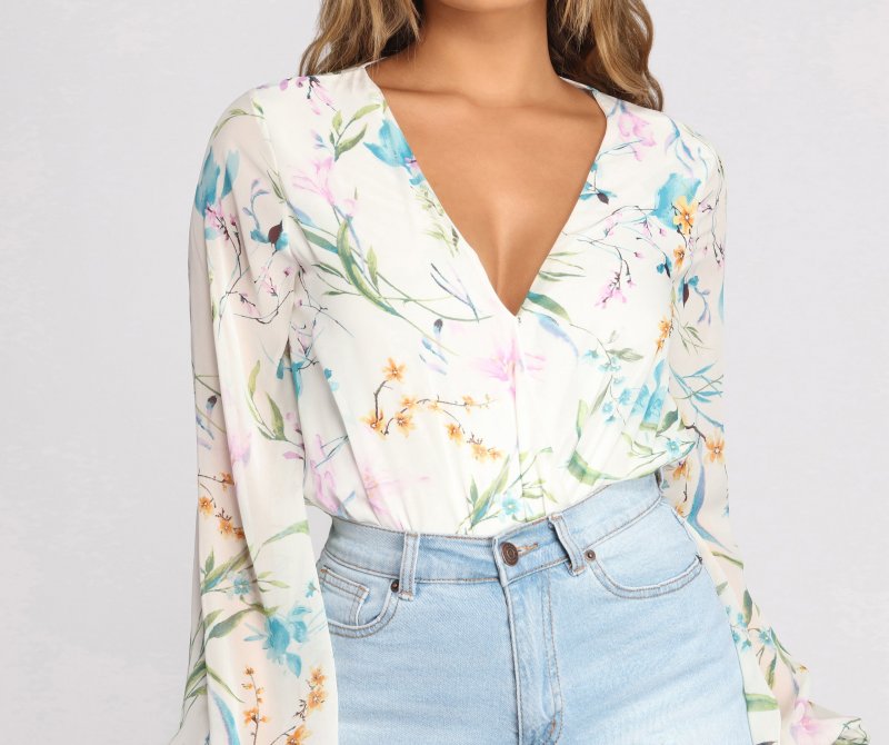 TableClothsUs Poised In Petals Floral Chiffon Bodysuit