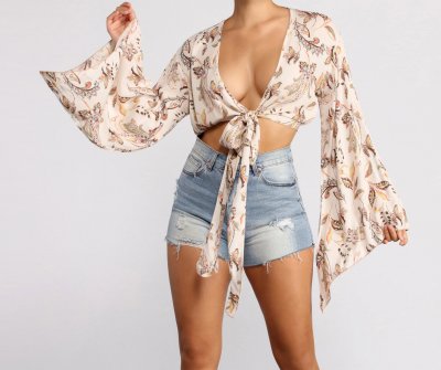 TableClothsUs Boho Honey Tie Front Gauze Top