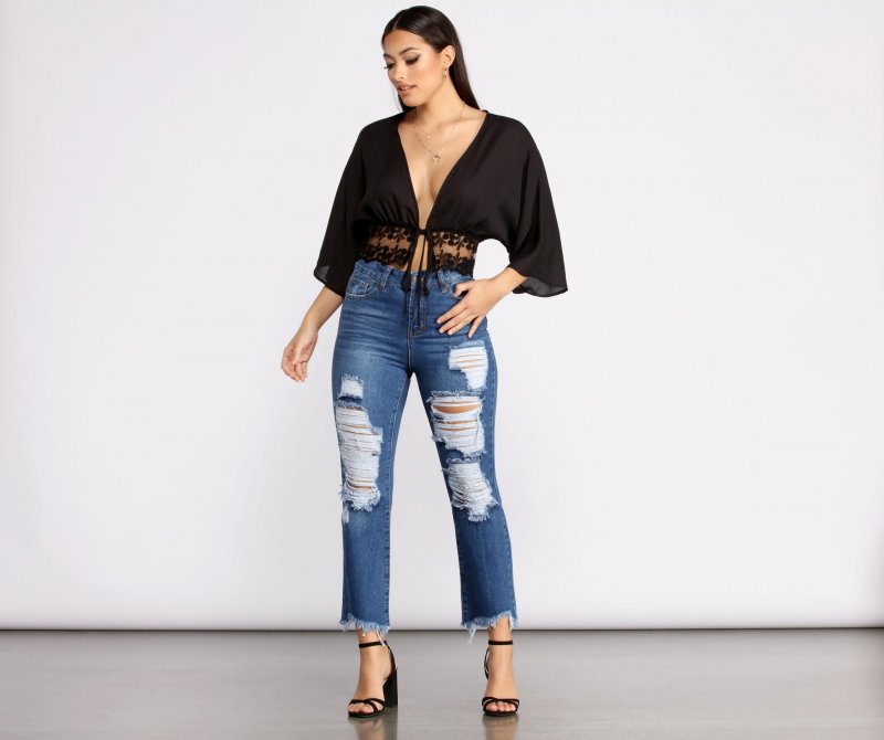 TableClothsUs Effortless Vibes Lace Detail Tie Front Top