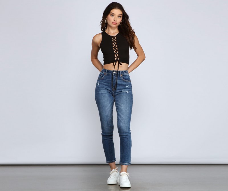 TableClothsUs Totally Chic Lace Up Ribbed Knit Top