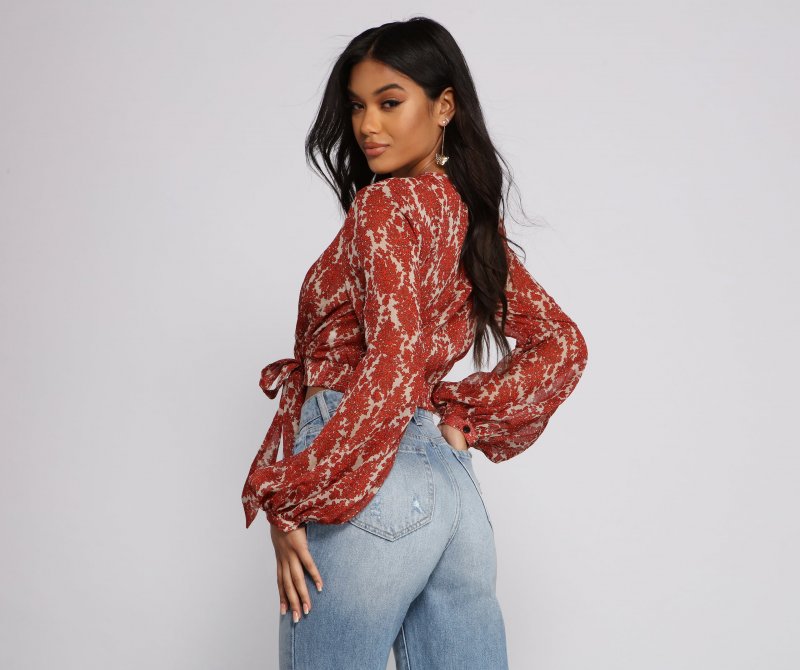 TableClothsUs Fall Floral Wrap Front Crop Top