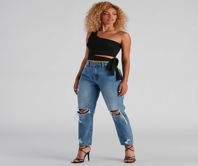 TableClothsUs One Shoulder Tie Waist Crop Top