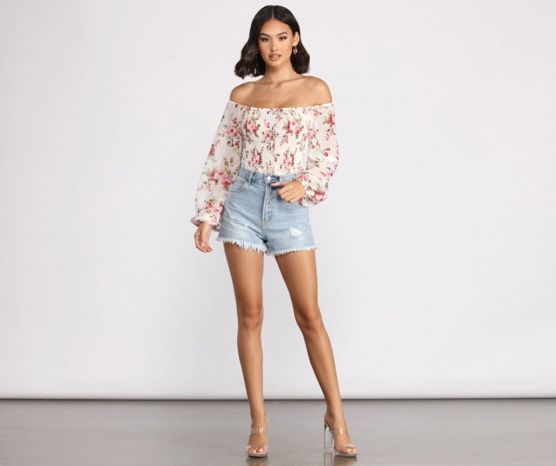 TableClothsUs Off The Shoulder Floral Smocked Top