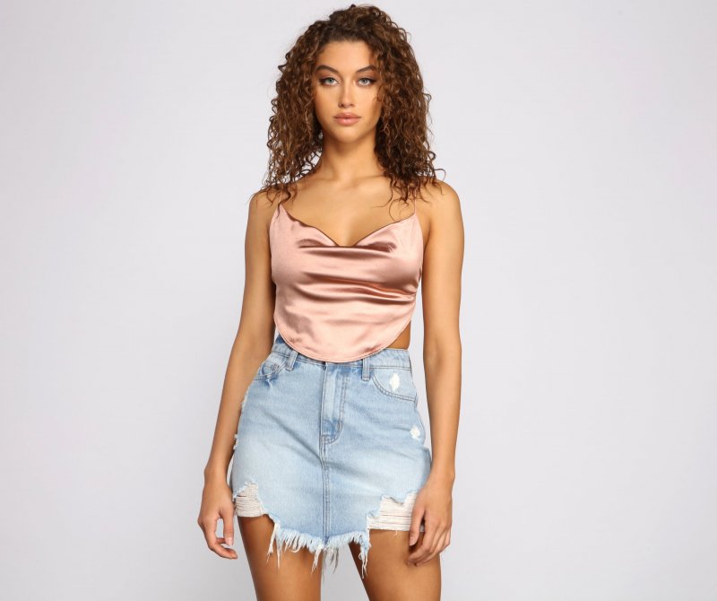 TableClothsUs Satin Cowl Neck Strappy Crop Top