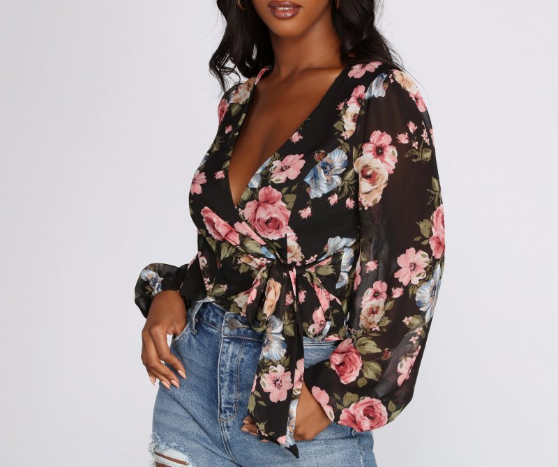 TableClothsUs Floral Chiffon Wrap Front Blouse